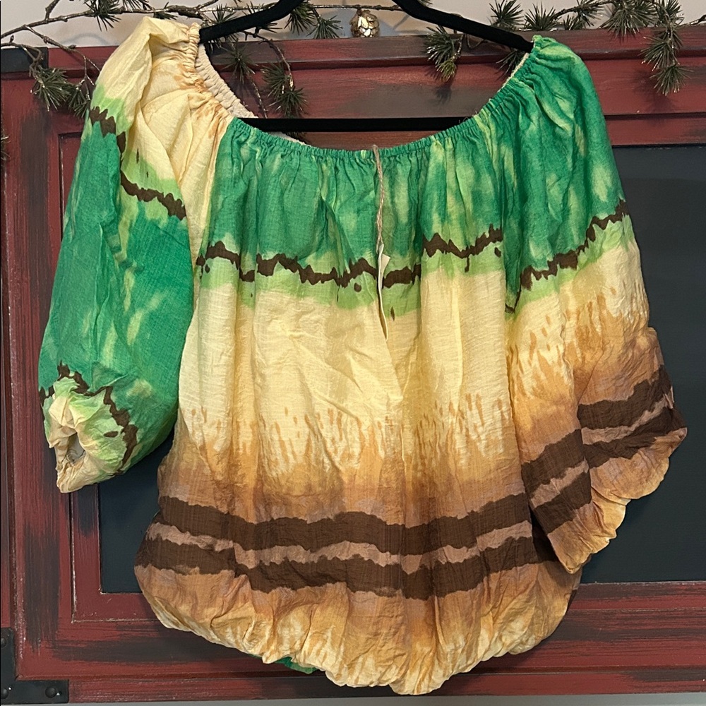Easel Green and Brown Tie-Dye Off-Shoulder Blouse